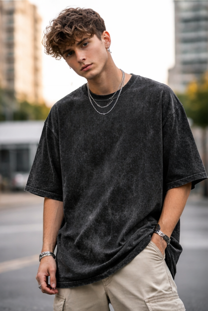 Evo Vogue Black Acid Wash Oversized Tee – Premium 240 GSM Streetwear Fit