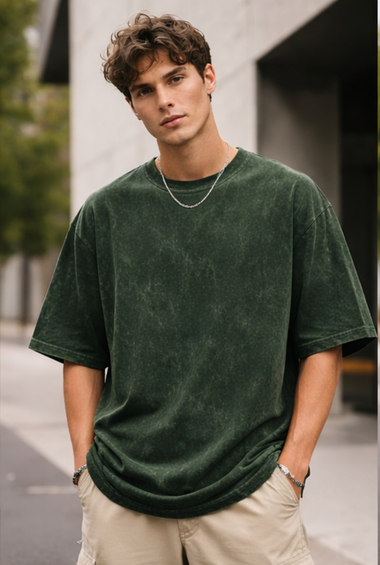 Evo Vogue “Emerald Shadow” Bottle Green Acid Wash Tee – 240 GSM Oversized Streetwear