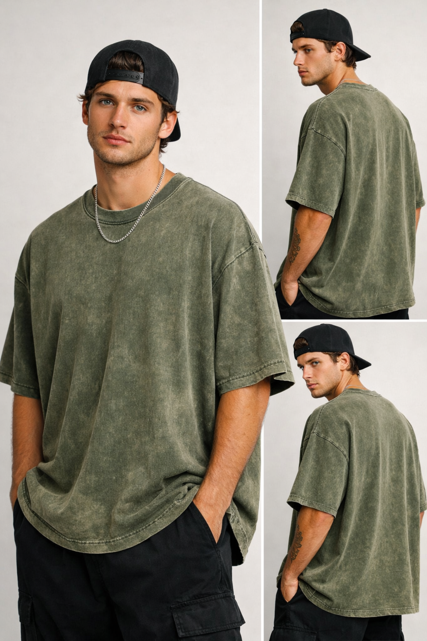 Evo Vogue Olive Green Vintage Acid Wash Tee – 240 GSM Oversized Streetwear Fit