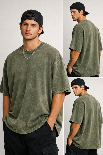 Evo Vogue Olive Green Vintage Acid Wash Tee – 240 GSM Oversized Streetwear Fit