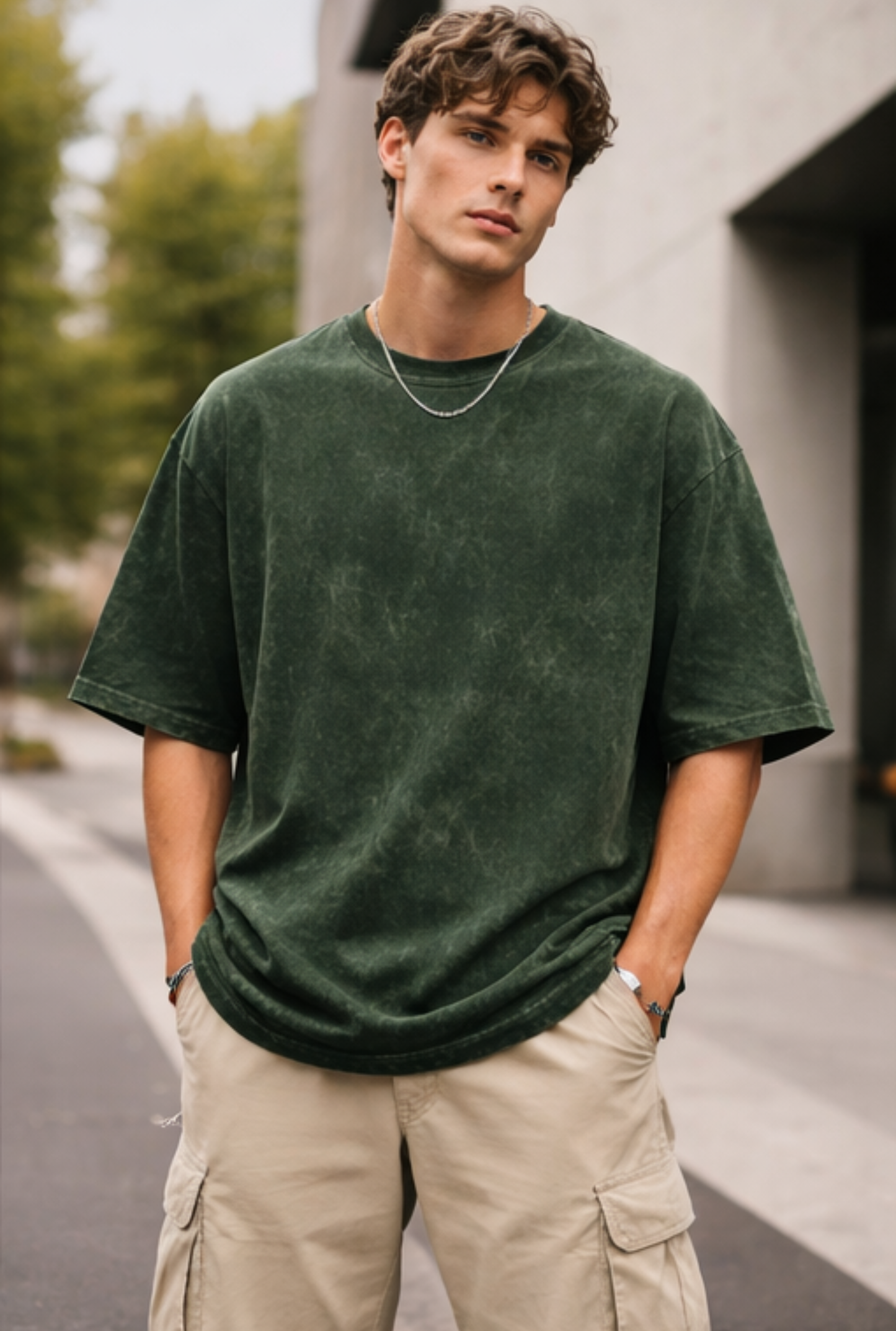 Evo Vogue “Emerald Shadow” Bottle Green Acid Wash Tee – 240 GSM Oversized Streetwear