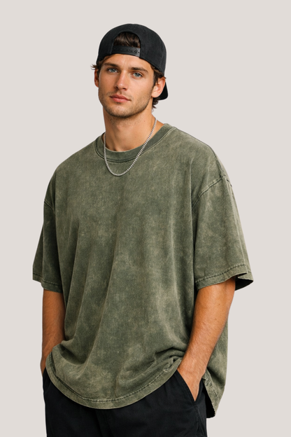 Evo Vogue Olive Green Vintage Acid Wash Tee – 240 GSM Oversized Streetwear Fit