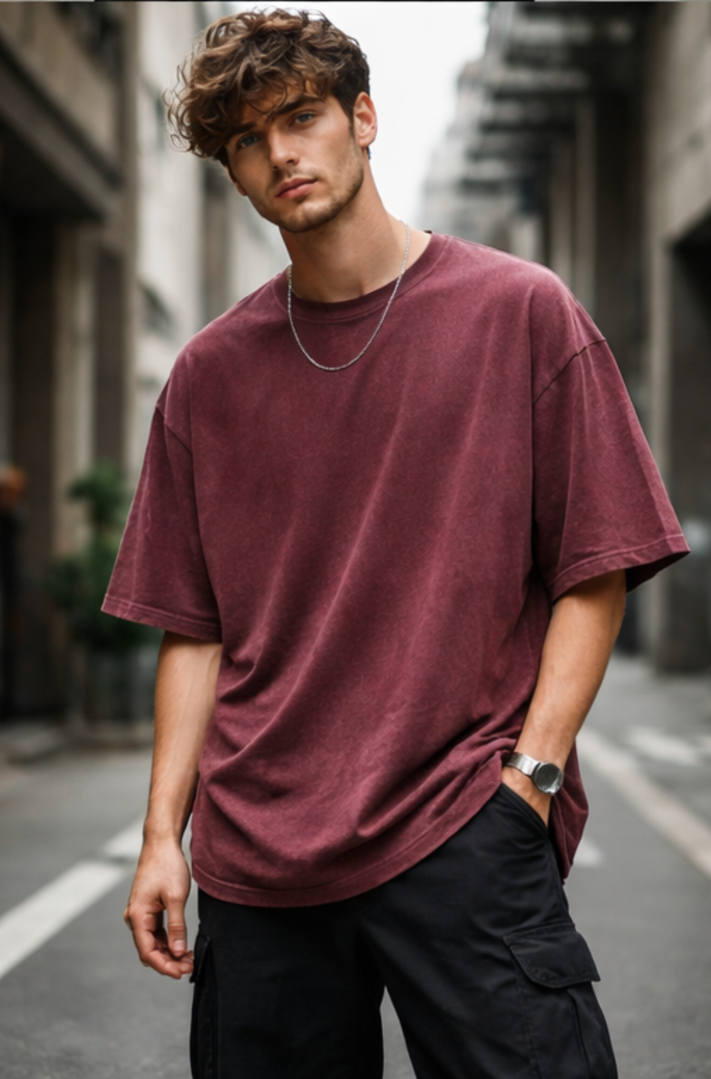 Evo Vogue “Crimson Drift” Maroon Acid Wash Oversized Tee – Heavyweight 240 GSM Street Fit