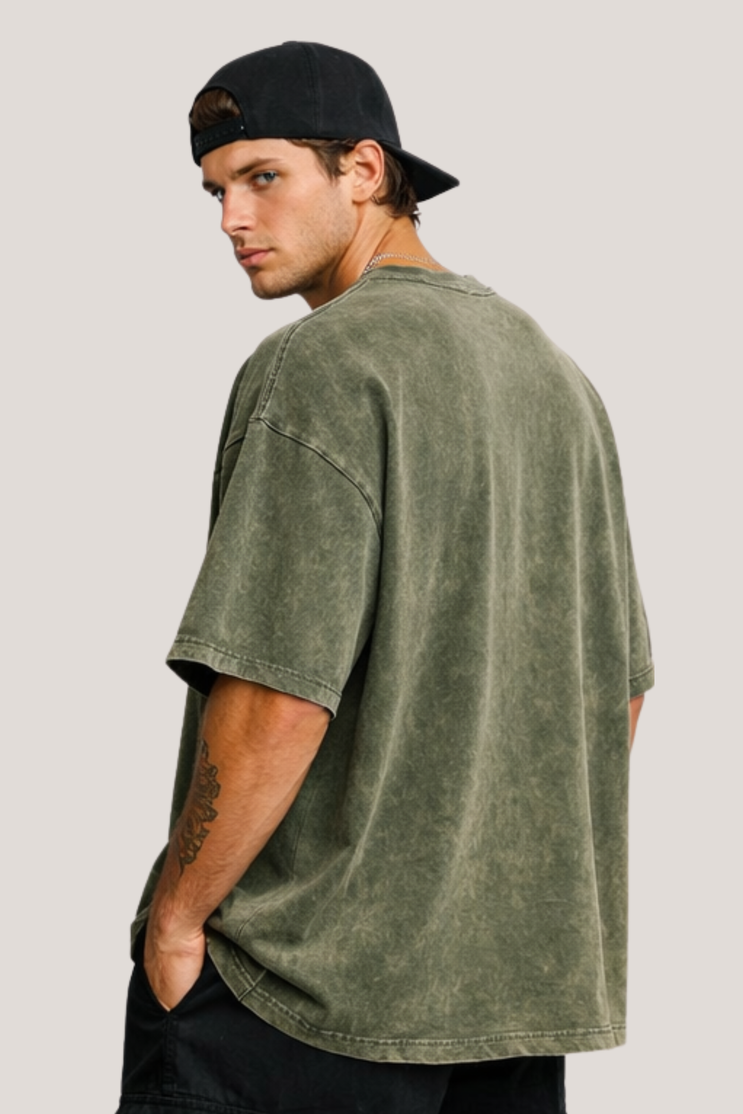 Evo Vogue Olive Green Vintage Acid Wash Tee – 240 GSM Oversized Streetwear Fit