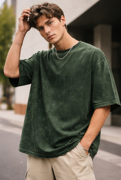 Evo Vogue “Emerald Shadow” Bottle Green Acid Wash Tee – 240 GSM Oversized Streetwear