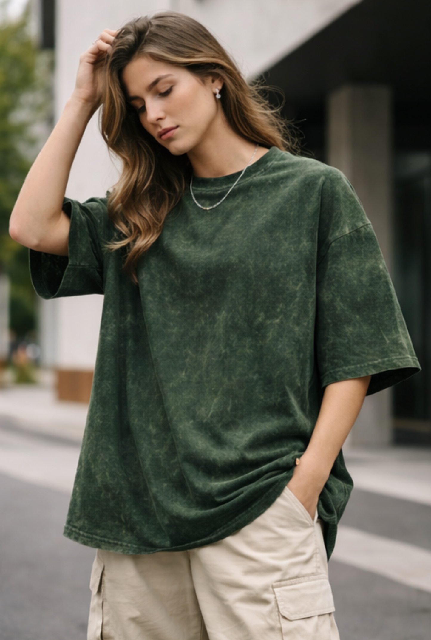 Evo Vogue Bottle Green Mist-Wash Oversized Tee for Women – Relaxed Premium Cotton Fit
