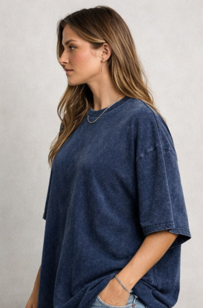 Evo Vogue Navy Blue Shadow-Wash Oversized Tee for Women – Premium Relaxed 240 GSM Cotton