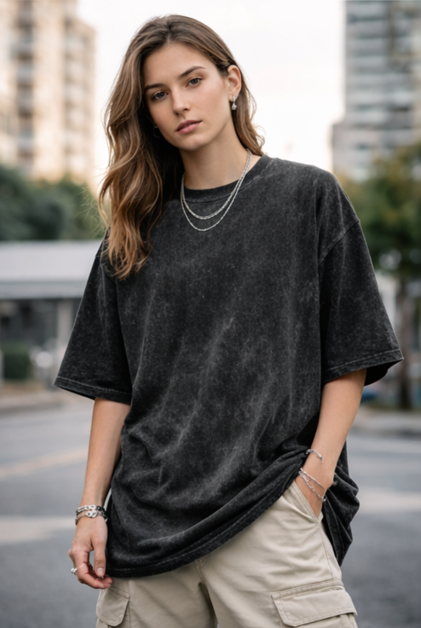 Evo Vogue Black Acid Wash Oversized Tee – Relaxed Luxury Street Fit