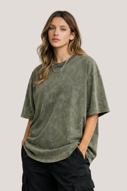 Evo Vogue Olive Green Washed Oversized Tee – Soft 240 GSM Premium Cotton