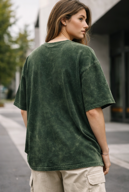 Evo Vogue Bottle Green Mist-Wash Oversized Tee for Women – Relaxed Premium Cotton Fit