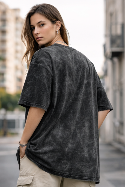 Evo Vogue Black Acid Wash Oversized Tee – Relaxed Luxury Street Fit