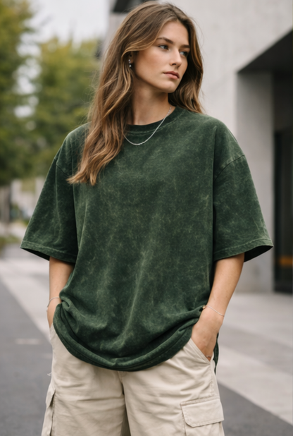 Evo Vogue Bottle Green Mist-Wash Oversized Tee for Women – Relaxed Premium Cotton Fit