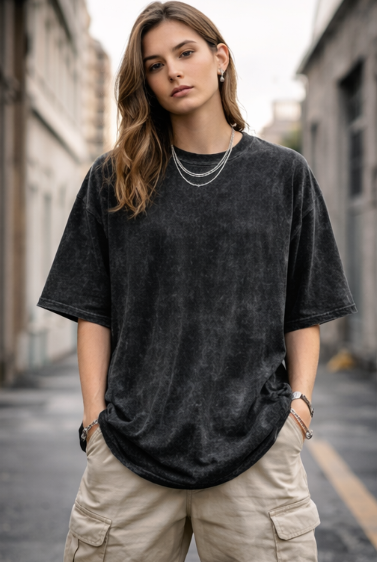 Evo Vogue Black Acid Wash Oversized Tee – Relaxed Luxury Street Fit