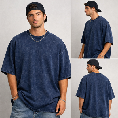 Evo Vogue “Midnight Tide” Navy Blue Acid Wash Oversized Tee – 240 GSM Heavyweight Streetwear