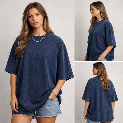 Evo Vogue Navy Blue Shadow-Wash Oversized Tee for Women – Premium Relaxed 240 GSM Cotton