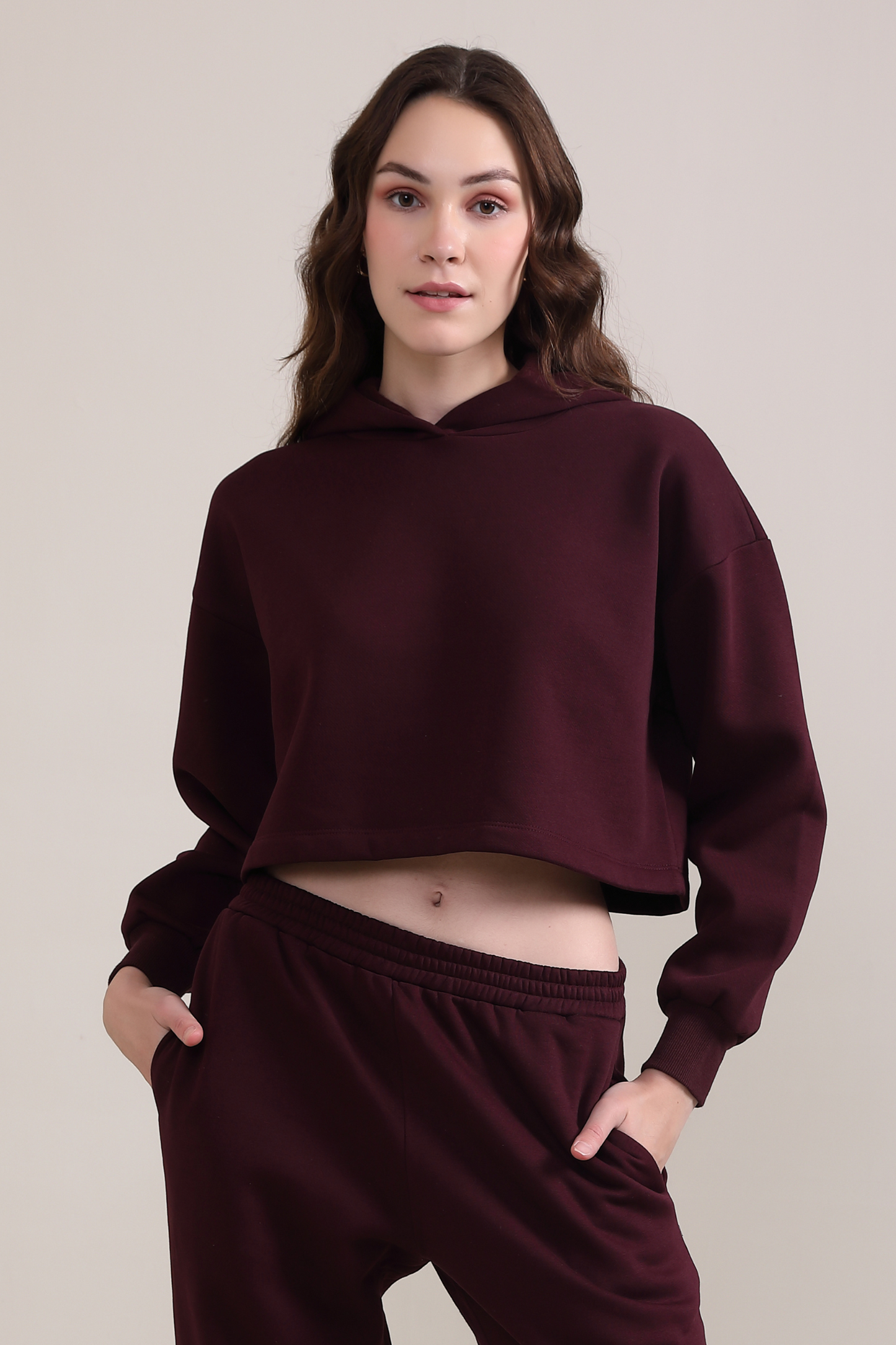 Evo Vogue Luxe Maroon Crop Hoodie – Bold, Chic, and Premium