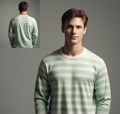 Refresh Your Wardrobe: White & Light Green Striped Full Sleeve T-Shirt
