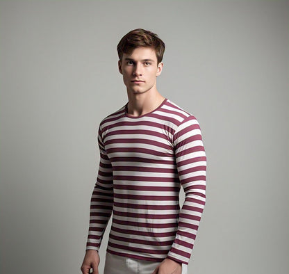 Evo Vogue Striped Sophistication: White & Maroon Full-Sleeve T-Shirt