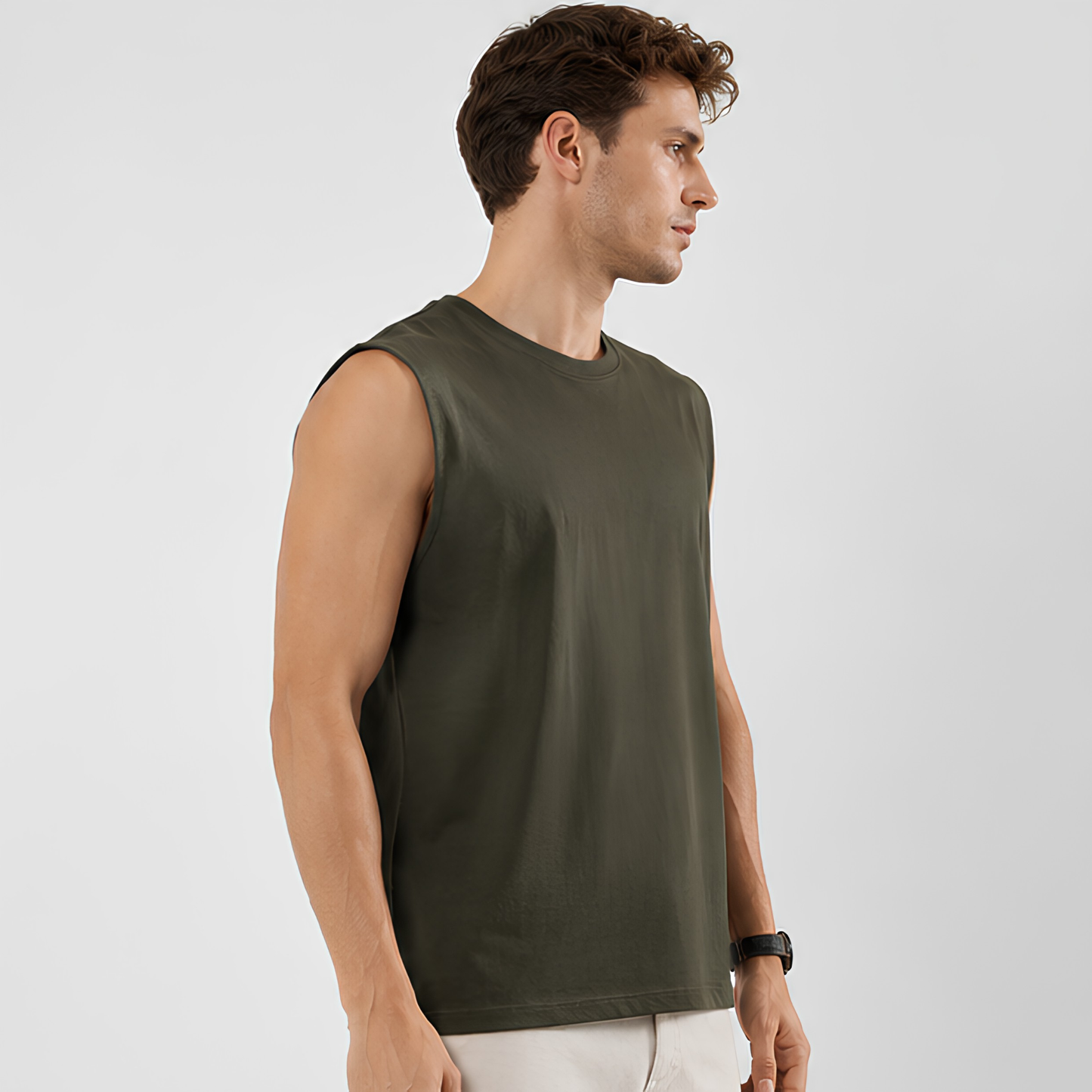 Evo Vogue Olive Green Sleeveless T-Shirt for Men